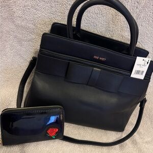 Nine West Black Large Structured Tote NWT Work Office Shoulder Bag+Free Wallet